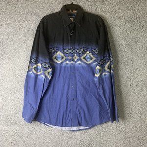 Wrangler Mens Size L Western Shirt Blue Black Long Sleeve Black Pearl Buttons